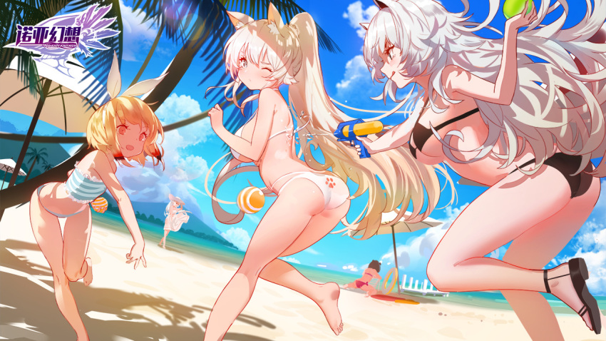 5girls :d :q animal_ears ass bare_legs barefoot beach bikini black_bikini blonde_hair blue_sky breasts day flat_chest grey_eyes hair_ribbon high_ponytail kinven large_breasts leaning_forward long_hair multiple_girls nuoya_huanxiang one_eye_closed open_mouth outdoors pink_eyes platinum_blonde profile ribbon sandals short_hair sideboob sky smile standing standing_on_one_leg strap_gap swimsuit tongue tongue_out very_long_hair water_gun white_bikini white_hair