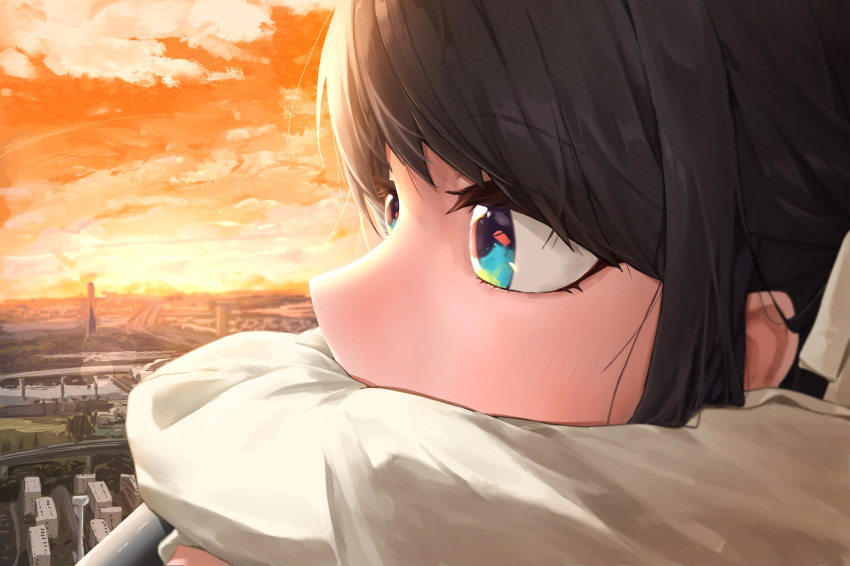 1girl against_railing backlighting bangs black_hair blue_eyes blush city clouds cloudy_sky evening eyebrows_visible_through_hair from_side highres hololive long_sleeves looking_afar looking_away oozora_subaru orange_sky outdoors profile railing sky solo sunlight sunset toi1et_paper upper_body virtual_youtuber
