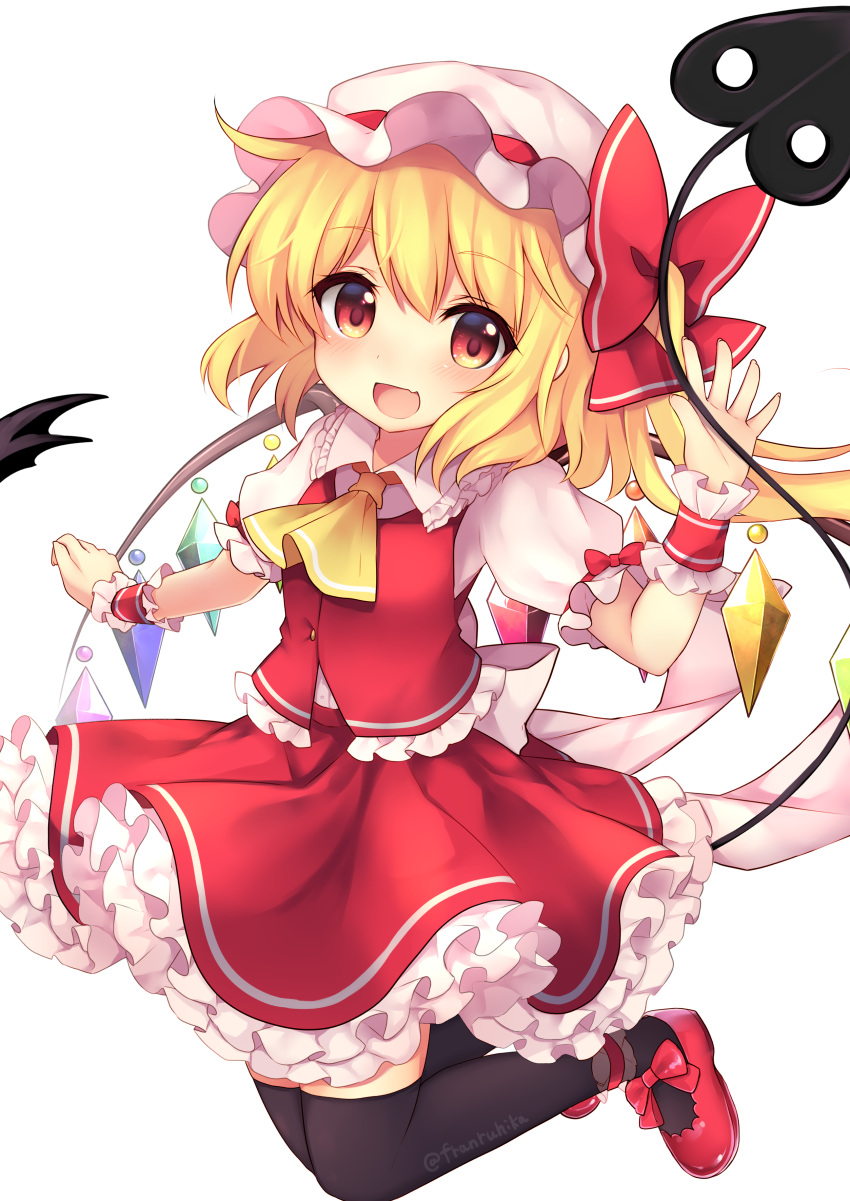 1girl :d absurdres ankle_cuffs ascot bangs black_legwear blonde_hair blush bow buttons crystal eyebrows_visible_through_hair fang flandre_scarlet frilled_shirt frilled_shirt_collar frilled_sleeves frills full_body gradient_eyes hair_between_eyes hand_up hat hat_ribbon highres looking_at_viewer mob_cap multicolored multicolored_eyes open_mouth outstretched_arm petticoat puffy_short_sleeves puffy_sleeves red_bow red_eyes red_ribbon red_shoes red_skirt red_vest ribbon ruhika shirt shoe_bow shoes short_hair short_sleeves side_ponytail simple_background skirt skirt_set smile solo tail thigh-highs touhou twitter_username vest white_background white_hat white_shirt wings wrist_cuffs yellow_ascot yellow_eyes