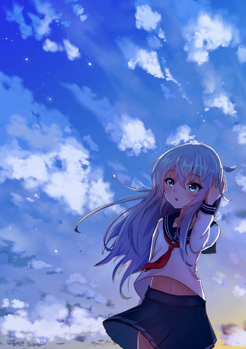 1girl anchor_symbol blue_eyes blue_hair blue_skirt clouds cloudy_sky cube_(cube00) day eyebrows_visible_through_hair floating_hair hair_between_eyes hand_in_hair hibiki_(kantai_collection) highres kantai_collection long_hair midriff miniskirt navel neckerchief open_mouth outdoors pleated_skirt red_neckerchief school_uniform serafuku shirt skirt sky solo stomach very_long_hair white_shirt wind