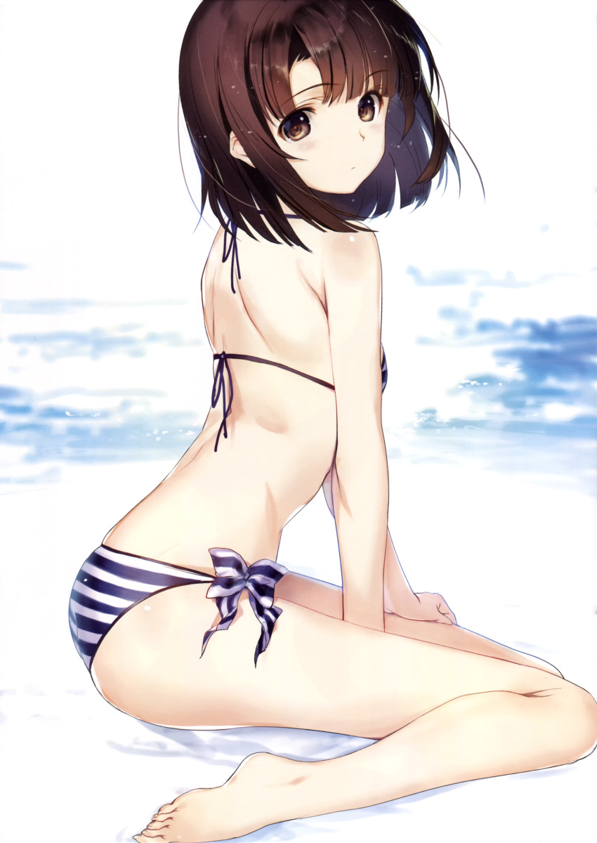 1girl absurdres ass bangs bare_legs barefoot beach bikini breasts brown_eyes brown_hair eyebrows_visible_through_hair highres huge_filesize katou_megumi looking_at_viewer looking_back nakamura_takeshi saenai_heroine_no_sodatekata scan short_hair sitting small_breasts solo striped striped_bikini swimsuit