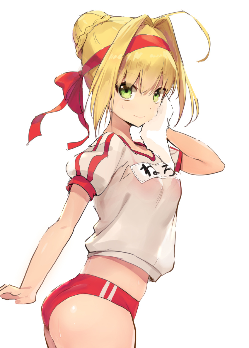 1girl ahoge ass blonde_hair bra braid breasts buruma closed_mouth cowboy_shot crop_top eyebrows_visible_through_hair fate/grand_order fate_(series) from_side green_eyes hair_bun hair_intakes hairband headband highres leaning_forward looking_at_viewer midriff name_tag red_bra saber_extra see-through sekisei short_sleeves simple_background small_breasts smile solo sweat towel underwear white_background