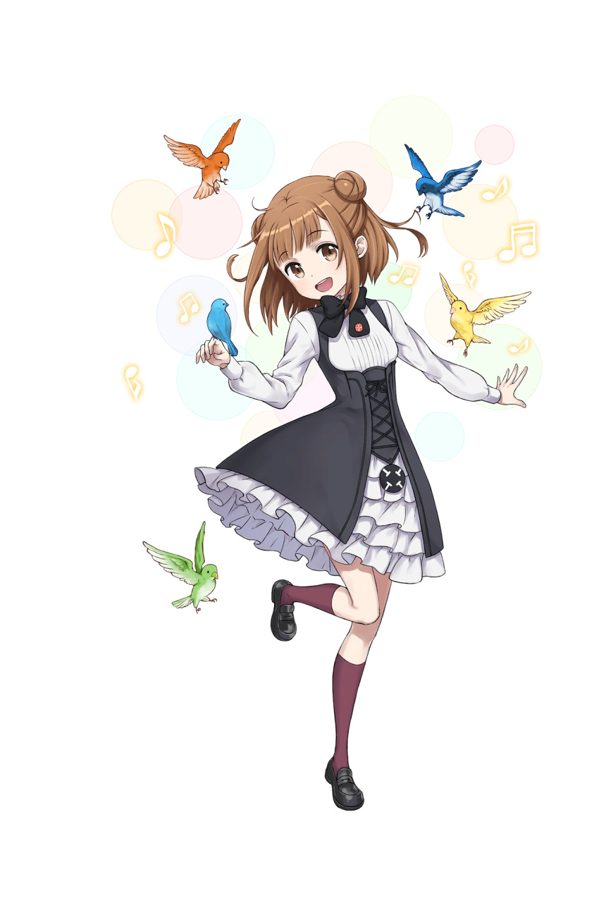 1girl :d beamed_semiquavers beatrice_(princess_principal) bird bird_on_hand black_shoes brown_eyes brown_hair double_bun full_body highres official_art open_mouth outstretched_hand princess_principal princess_principal_game_of_mission purple_legwear school_uniform shoes smile socks standing standing_on_one_leg