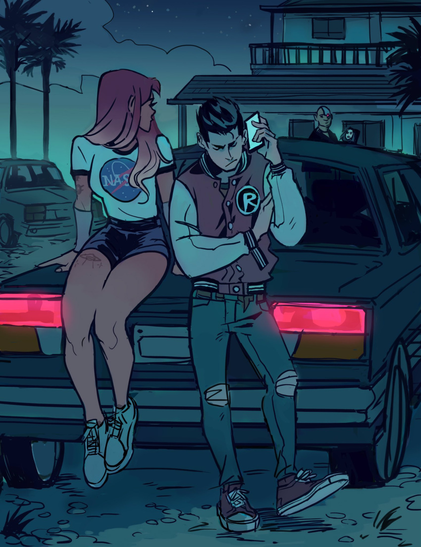 2boys 2girls casual cellphone cyborg_(dc) dc_comics gabriel_picolo highres jacket long_hair multiple_boys multiple_girls phone raven_(dc) redhead robin_(dc) shirt short_shorts shorts starfire t-shirt tattoo teen_titans