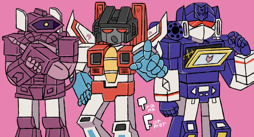 3boys 80s arm_cannon artist_request cannon decepticon english hand_on_hip highres insignia looking_at_viewer machine machinery mecha multiple_boys no_humans oldschool open_mouth personification pointing pointing_at_viewer red_eyes robot shockwave_(transformers) soundwave starscream tape_recorder transformers weapon
