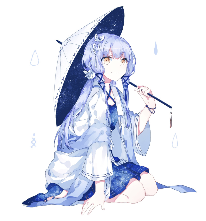 1girl bangs blue_dress blue_hair bracelet closed_mouth constellation_print dress eyebrows_visible_through_hair full_body gocoli halterneck highres holding holding_umbrella jewelry light_brown_eyes long_hair long_sleeves looking_at_viewer oriental_umbrella sash seiza simple_background sitting smile solo space star starry_sky_print umbrella vocaloid vocanese white_background xingchen