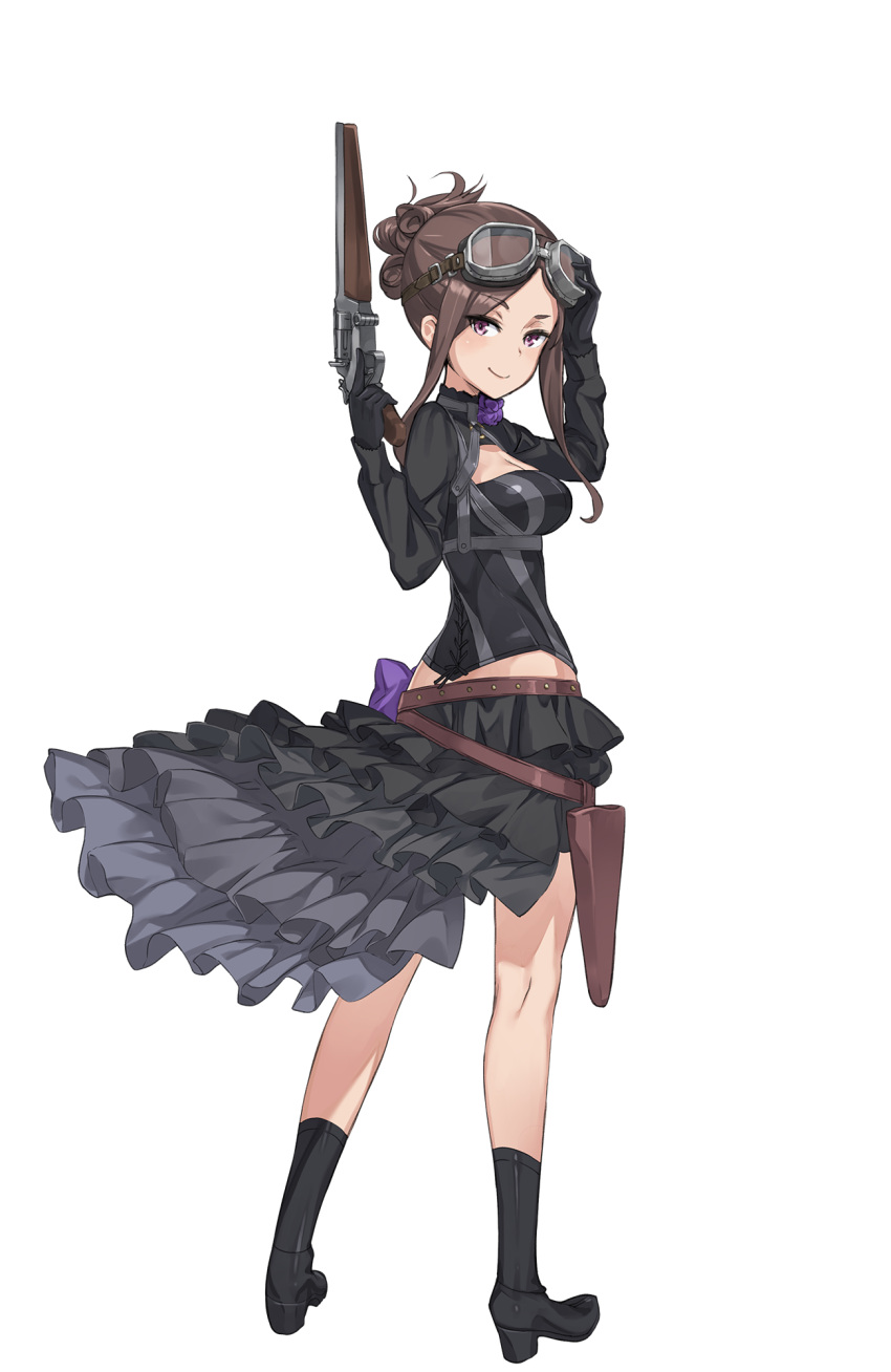 1girl black_boots black_clothes black_gloves black_skirt boots breasts brown_hair cleavage dorothy_(princess_principal) dress frilled_skirt frills full_body gloves goggles goggles_on_head gun hair_up highres holding holding_gun holding_weapon holster looking_back official_art princess_principal princess_principal_game_of_mission skirt smile standing violet_eyes weapon