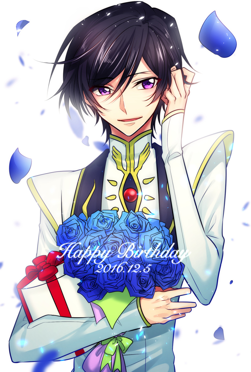 1boy 2016 aphjapanlove0211 black_hair blue_flower bouquet box code_geass dated flower gift gift_box hair_between_eyes hand_in_hair happy_birthday highres holding holding_bouquet holding_box lelouch_lamperouge parted_lips petals simple_background smile solo uniform upper_body violet_eyes white_background