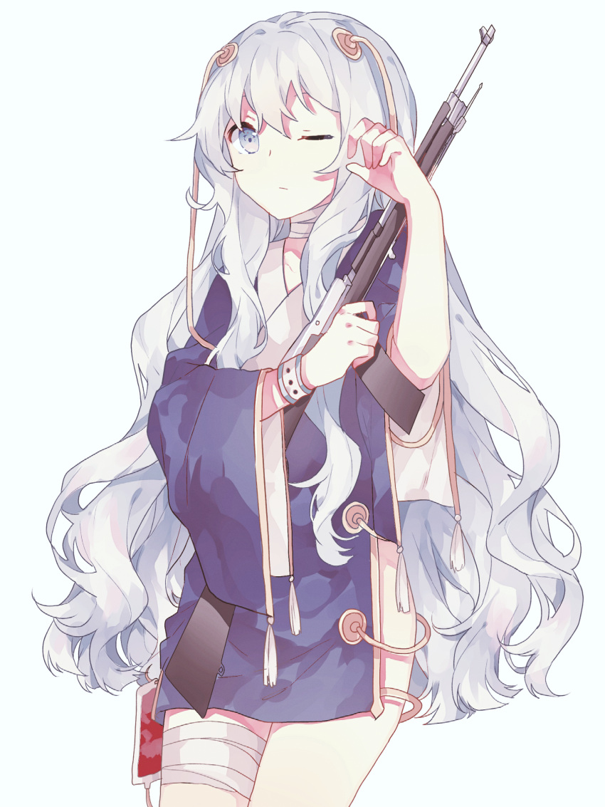 1girl absurdres bandage bandaged_leg bandaged_neck bangs blue_dress character_request closed_mouth cowboy_shot dress girls_frontline gocoli gun hair_between_eyes hand_on_own_face highres holding holding_gun holding_weapon japanese_clothes lavender_eyes lavender_hair long_hair long_sleeves looking_at_viewer one_eye_closed rifle simple_background solo standing very_long_hair weapon weapon_request white_background wide_sleeves wristband