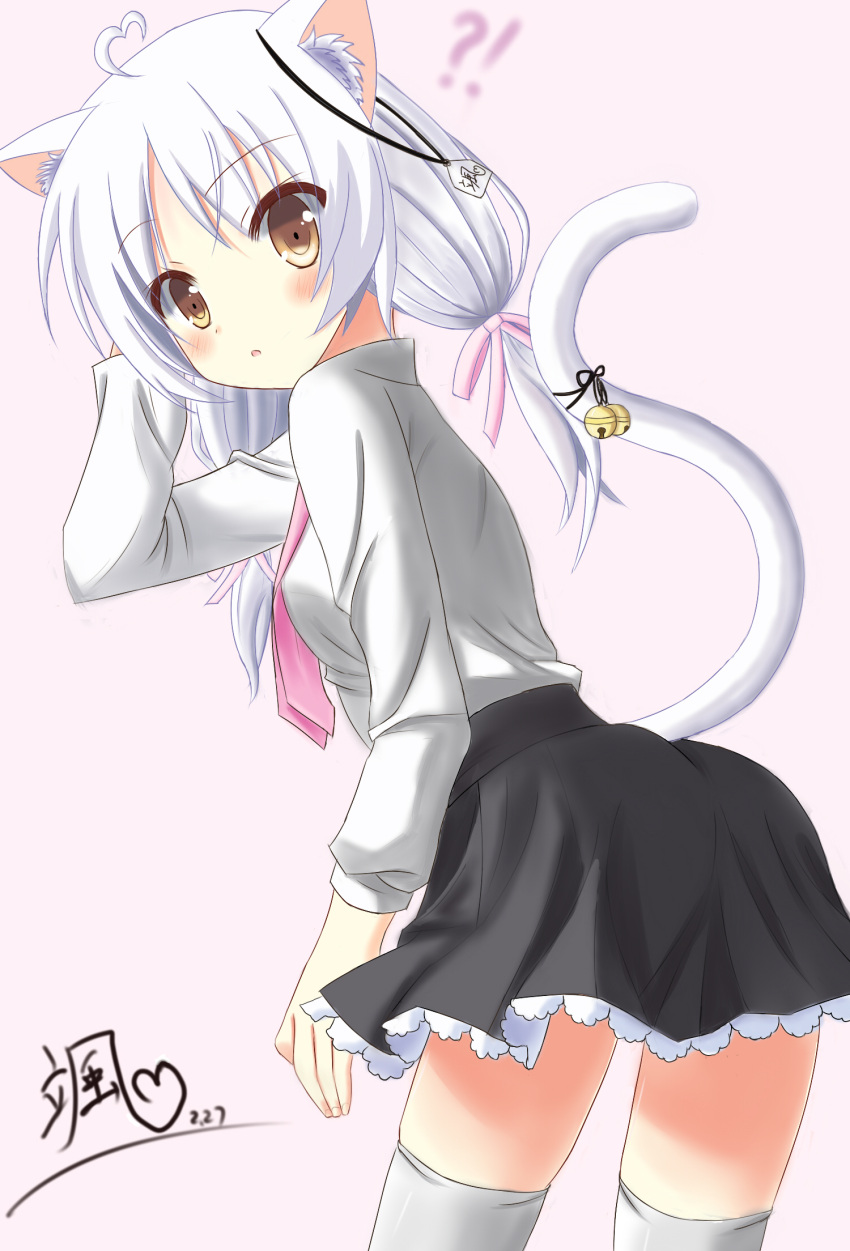 !? 1girl :o animal_ears bangs bell black_skirt blush brown_eyes cat_ears cat_girl cat_tail commentary_request eyebrows_visible_through_hair fingernails frilled_skirt frills grey_legwear hair_ribbon hand_behind_head highres jingle_bell leaning_forward long_hair long_sleeves looking_at_viewer looking_back low_twintails necktie original parted_lips pink_background pink_necktie pink_ribbon ribbon shirt sidelocks signature silver_hair simple_background skindentation skirt solo standing tail tail_bell thigh-highs twintails white_shirt xiaosamiao