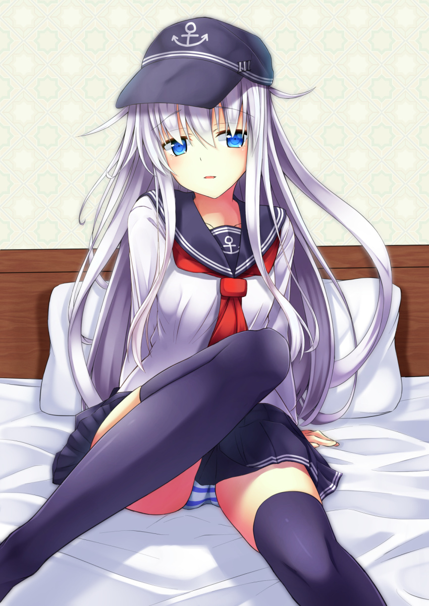 1girl anchor_print bed bedroom black_hat black_legwear black_skirt blue_eyes eyebrows_visible_through_hair floating_hair hair_between_eyes hat hibiki_(kantai_collection) highres indoors kantai_collection long_hair miniskirt neckerchief panties pillow pleated_skirt red_neckerchief school_uniform serafuku shirt silver_hair skirt solo striped striped_panties thigh-highs underwear very_long_hair white_shirt