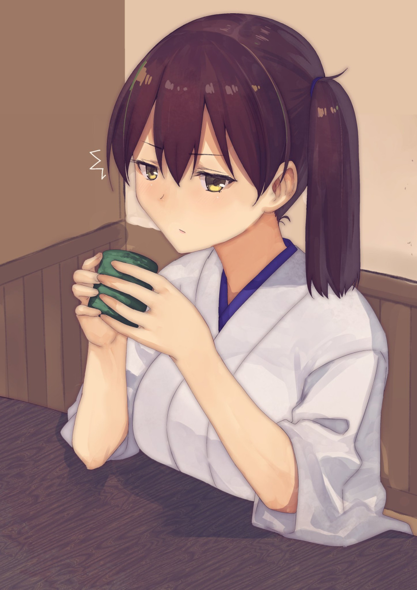 1girl breasts brown_hair closed_mouth cup drinking hair_between_eyes highres holding holding_cup indoors japanese_clothes kaga_(kantai_collection) kantai_collection large_breasts looking_at_viewer masukuza_j side_ponytail sitting solo upper_body wall wide_sleeves wooden_table wooden_wall yellow_eyes