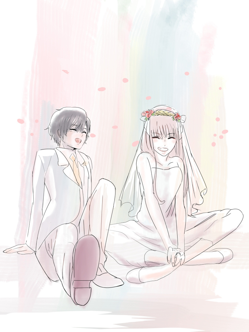 1boy 1girl absurdres akamsilver bangs black_hair breasts brown_footwear cleavage closed_eyes collarbone commentary_request couple darling_in_the_franxx dress eyebrows_visible_through_hair flower formal hair_flower hair_ornament hetero highres hiro_(darling_in_the_franxx) horns legs_crossed long_hair long_sleeves medium_breasts necktie no_socks oni_horns open_clothes pant_suit pants petals pink_hair red_horns shirt shoes short_hair sitting sleeveless sleeveless_dress suit veil white_footwear white_hair white_pants white_shirt white_suit yellow_neckwear zero_two_(darling_in_the_franxx)