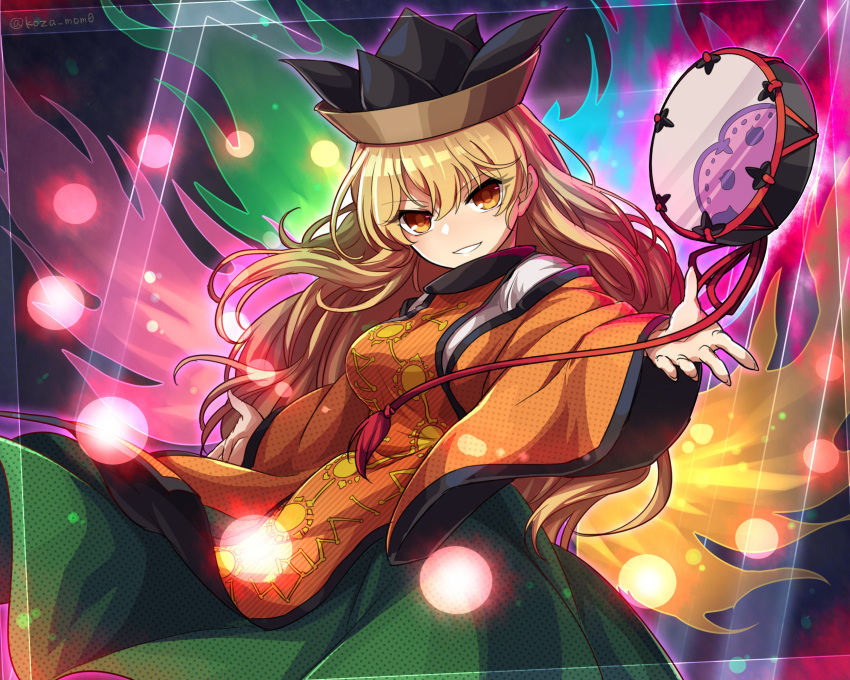 1girl bangs blonde_hair bow breasts cowboy_shot eyebrows_visible_through_hair hair_bow hat highres kozakura_(dictionary) long_hair long_sleeves looking_at_viewer matara_okina medium_breasts open_mouth smile solo tabard touhou twitter_username wide_sleeves yellow_eyes