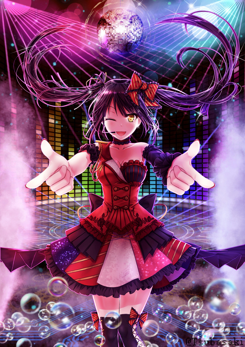 1girl black_hair bow bubble clock_eyes closed_eyes date_a_live disco_ball dress highres idol light_rays long_hair looking_at_viewer microphone nail_polish one_eye_closed pointing pointing_at_viewer red_nails steam symbol-shaped_pupils thigh-highs tokisaki_kurumi tsubasaki twintails yellow_eyes