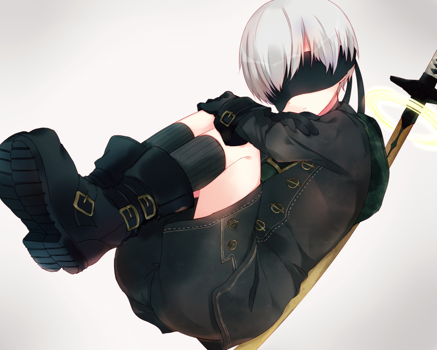 absurdres black_boots black_gloves black_legwear black_shorts blindfold boots closed_mouth coat gloves grey_hair highres kida_mochi kneehighs knees_up legs_together long_sleeves male_focus nier_(series) nier_automata shorts silver_hair solo sword uniform weapon yorha_no._9_type_s