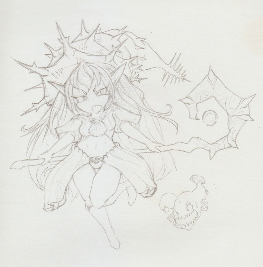 1girl anglerfish clam_shell highres holding holding_staff mayhem original pointy_ears seashell sharp_teeth shell simple_background snail_shell spines staff tagme teeth traditional_media witch