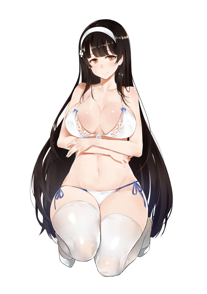 1girl absurdres artist_name bikini black_hair breasts brown_eyes cleavage closed_mouth front-tie_bikini front-tie_top full_body girls_frontline hairband highres kneeling large_breasts leewh1515 long_hair looking_at_viewer qbz-95_(girls_frontline) side-tie_bikini simple_background smile solo swimsuit thigh-highs very_long_hair white_background white_bikini white_legwear