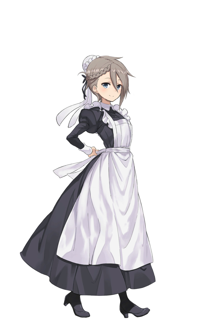 1girl ange_(princess_principal) apron black_legwear black_shoes blue_eyes braid full_body hat highres looking_at_viewer maid maid_apron official_art princess_principal princess_principal_game_of_mission shoes smile solo standing white_hat