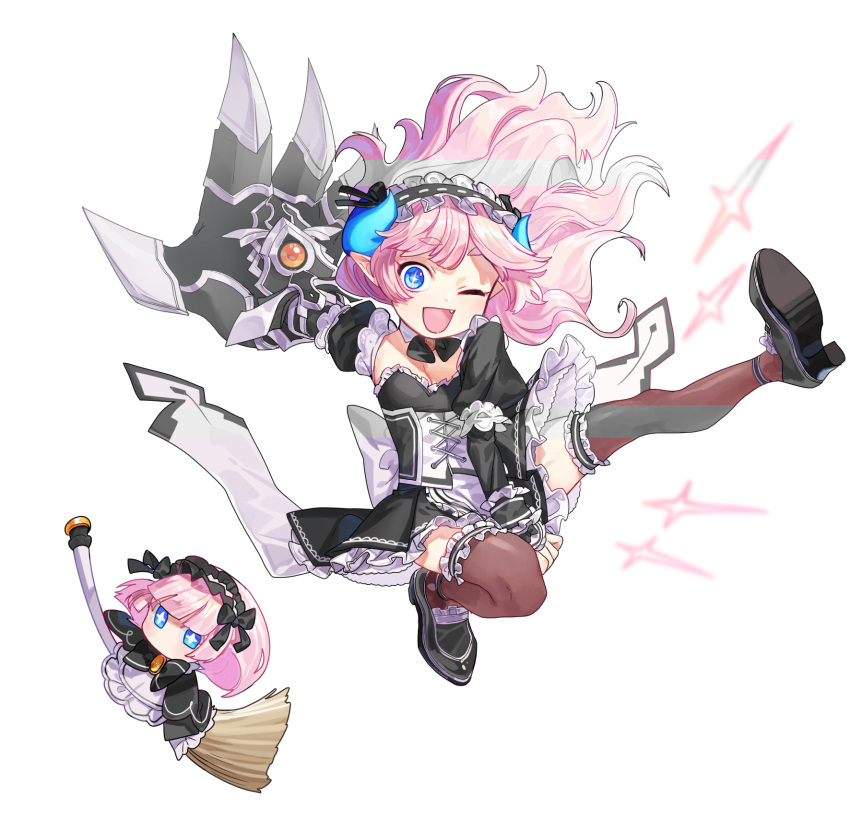1girl ;d between_legs black_shoes black_skirt blue_eyes breasts brown_legwear character_request choker cleavage detached_sleeves elsword floating_hair full_body hand_between_legs highres horns long_hair maid miniskirt one_eye_closed open_mouth pink_hair pleated_skirt shoes skirt small_breasts smile solo striped thigh-highs transparent_background tsuji_(ksi03164) very_long_hair