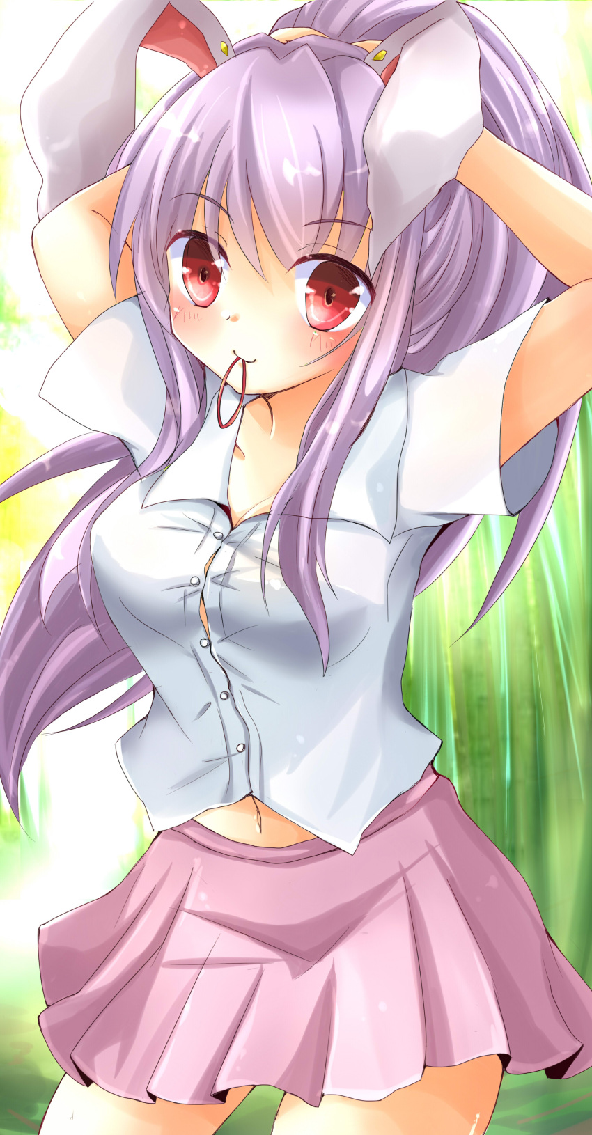 1girl absurdres animal_ears arms_behind_head bamboo bamboo_forest blush breasts contrapposto cowboy_shot forest hair_tie hands_in_hair highres lavender_hair lavender_skirt long_hair looking_at_viewer medium_breasts midriff_peek miniskirt mouth_hold nature navel ncatabc outdoors pleated_skirt rabbit_ears red_eyes reisen_udongein_inaba shirt short_sleeves skirt smile solo touhou tying_hair white_shirt