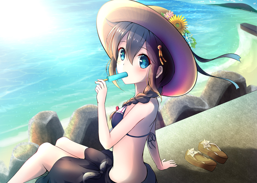 1girl adapted_costume amagami_(makise_tsubaki) bikini black_bikini black_skirt blue_eyes blue_flower blush braid brown_hair commentary_request eating food hair_between_eyes hair_flaps hat holding kantai_collection long_hair ocean pink_flower popsicle remodel_(kantai_collection) revision shigure_(kantai_collection) single_braid sitting skirt solo swimsuit yellow_flower