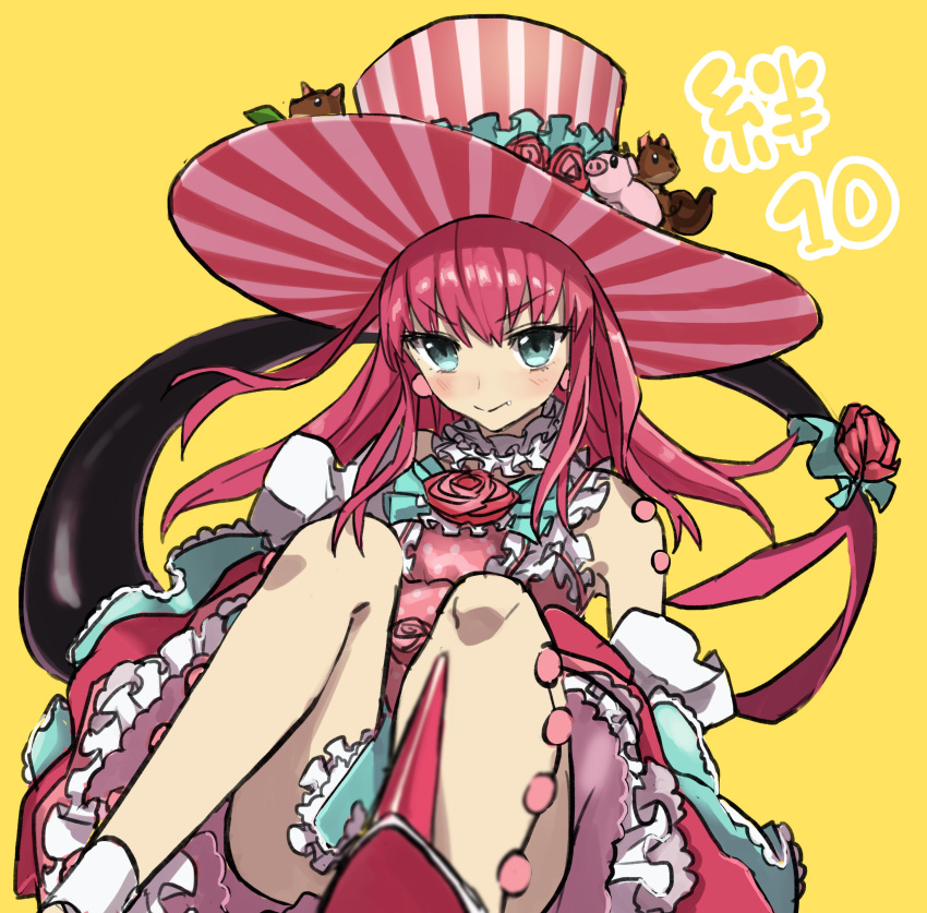 &gt;:&gt; 1girl :&gt; absurdres aqua_eyes bangs bare_shoulders blush closed_mouth collar detached_sleeves dress eyebrows_visible_through_hair fang fang_out fate/extra fate/extra_ccc fate_(series) feet_out_of_frame fish_tail flower foreshortening frilled_collar frilled_dress frills hair_ornament hat highres lancer_(fate/extra_ccc) long_hair looking_at_viewer polka_dot polka_dot_dress rose sitting solo tail teshima_nari yellow_background