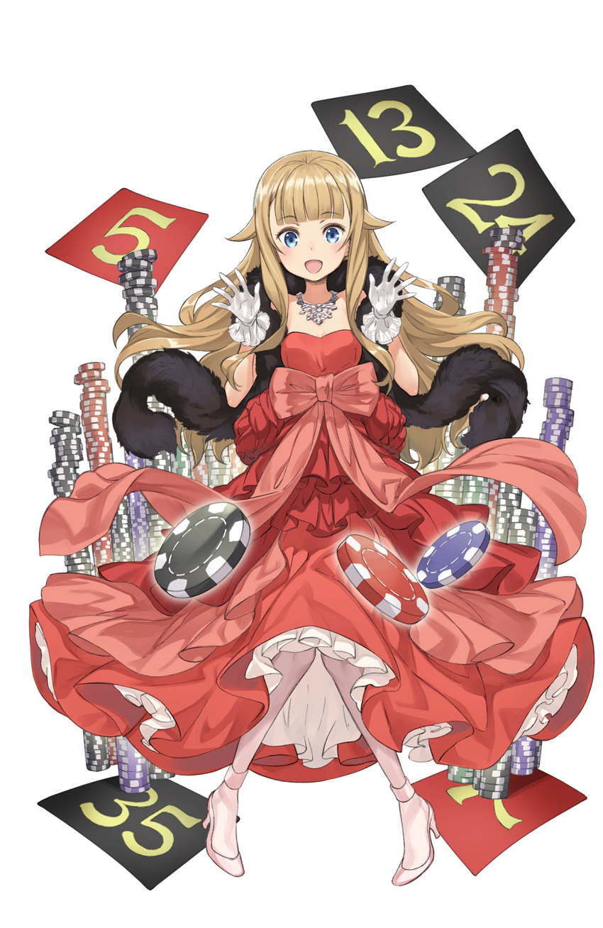 1girl :d blonde_hair blue_eyes bow dress feather_boa frilled_dress frills full_body gloves high_heels highres jewelry long_hair looking_at_viewer necklace open_mouth pink_bow pink_shoes poker_chip princess_(princess_principal) princess_principal princess_principal_game_of_mission red_dress shoes smile solo standing white_gloves white_legwear