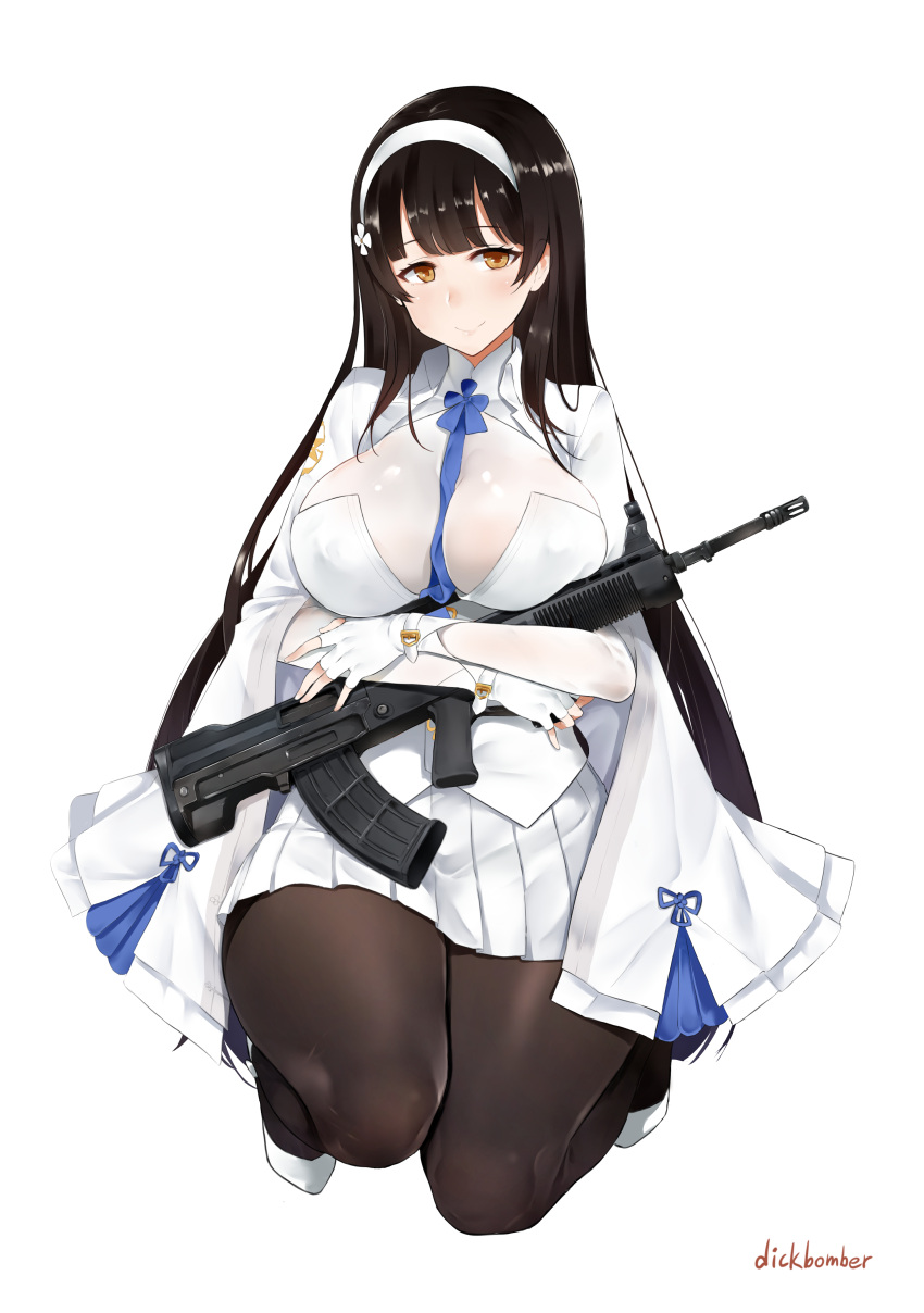 1girl absurdres artist_name assault_rifle between_breasts black_hair black_legwear breasts brown_eyes bullpup cape cleavage closed_mouth detached_sleeves fingerless_gloves full_body girls_frontline gloves gun hairband highres impossible_clothes impossible_shirt kneeling large_breasts leewh1515 long_hair looking_at_viewer pantyhose pleated_skirt qbz-95_(girls_frontline) rifle shirt simple_background skirt smile solo very_long_hair weapon white_background white_gloves