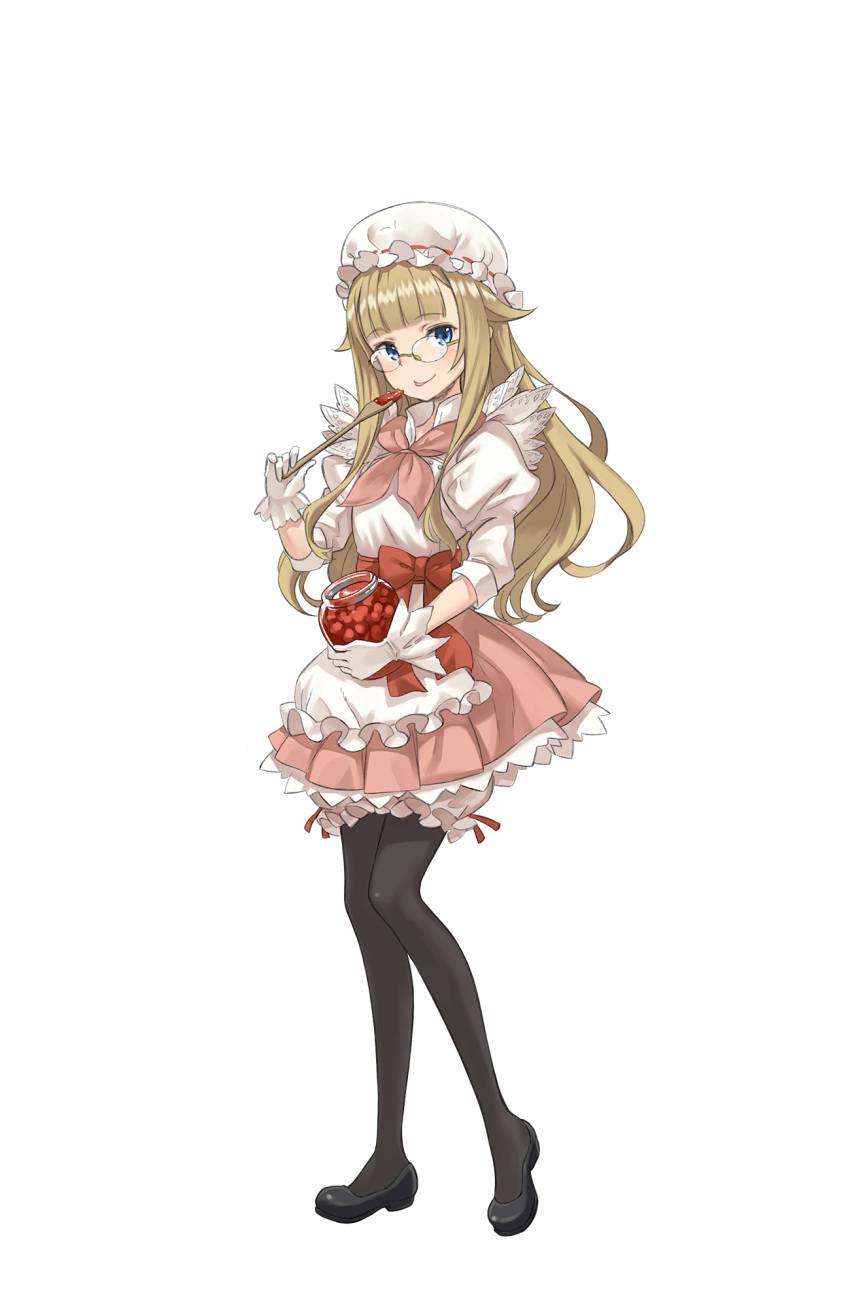 1girl alternate_costume bangs black_shoes blonde_hair blue_eyes blunt_bangs bow full_body gloves hat highres jam licking_lips long_hair looking_at_viewer official_art pantyhose pink_bow pink_skirt princess_(princess_principal) princess_principal princess_principal_game_of_mission shoes skirt smile solo standing tongue tongue_out white_gloves white_hat
