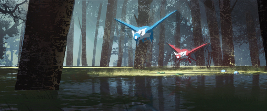 :o absurdres asteroid_ill claws closed_mouth commentary_request day flying forest gen_2_pokemon gen_3_pokemon highres latias latios legendary_pokemon looking_back nature no_humans o_o outdoors pokemon pokemon_(creature) smile tree wooper yellow_eyes