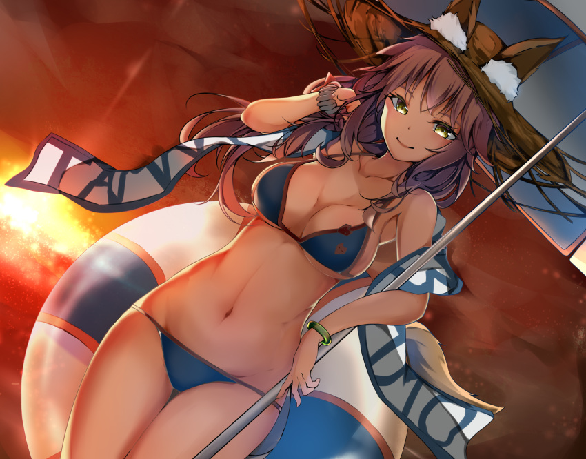1girl animal_ears bikini blue_bikini breasts cleavage cucchiore ears_through_headwear fate/extra fate/extra_ccc fate/grand_order fate_(series) fox_ears fox_tail groin hand_in_hair hat highres large_breasts long_hair looking_at_viewer navel outdoors parasol pink_hair solo swimsuit tail tamamo_(fate)_(all) tamamo_no_mae_(swimsuit_lancer)_(fate) twilight umbrella yellow_eyes