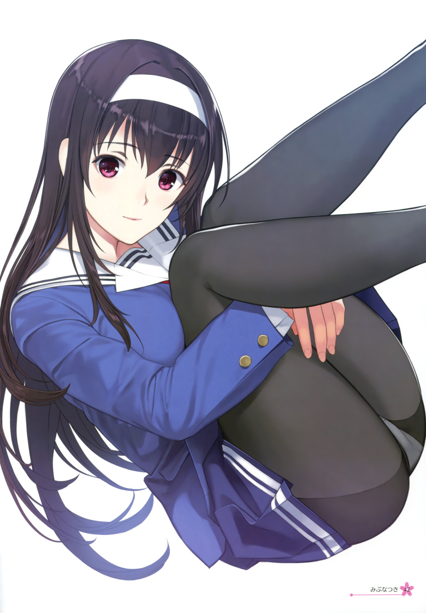 1girl absurdres bangs black_legwear blue_shirt blue_skirt breast_press breasts brown_hair closed_mouth eyebrows_visible_through_hair hair_between_eyes hairband highres invisible_chair kasumigaoka_utaha knees_on_chest leg_hug legs_up lips long_hair long_sleeves looking_at_viewer medium_breasts nakamura_takeshi page_number panties panties_under_pantyhose pantyhose pink_eyes saenai_heroine_no_sodatekata scan school_uniform shirt sidelocks simple_background sitting skirt smile solo tareme underwear upskirt very_long_hair white_background white_hairband white_panties