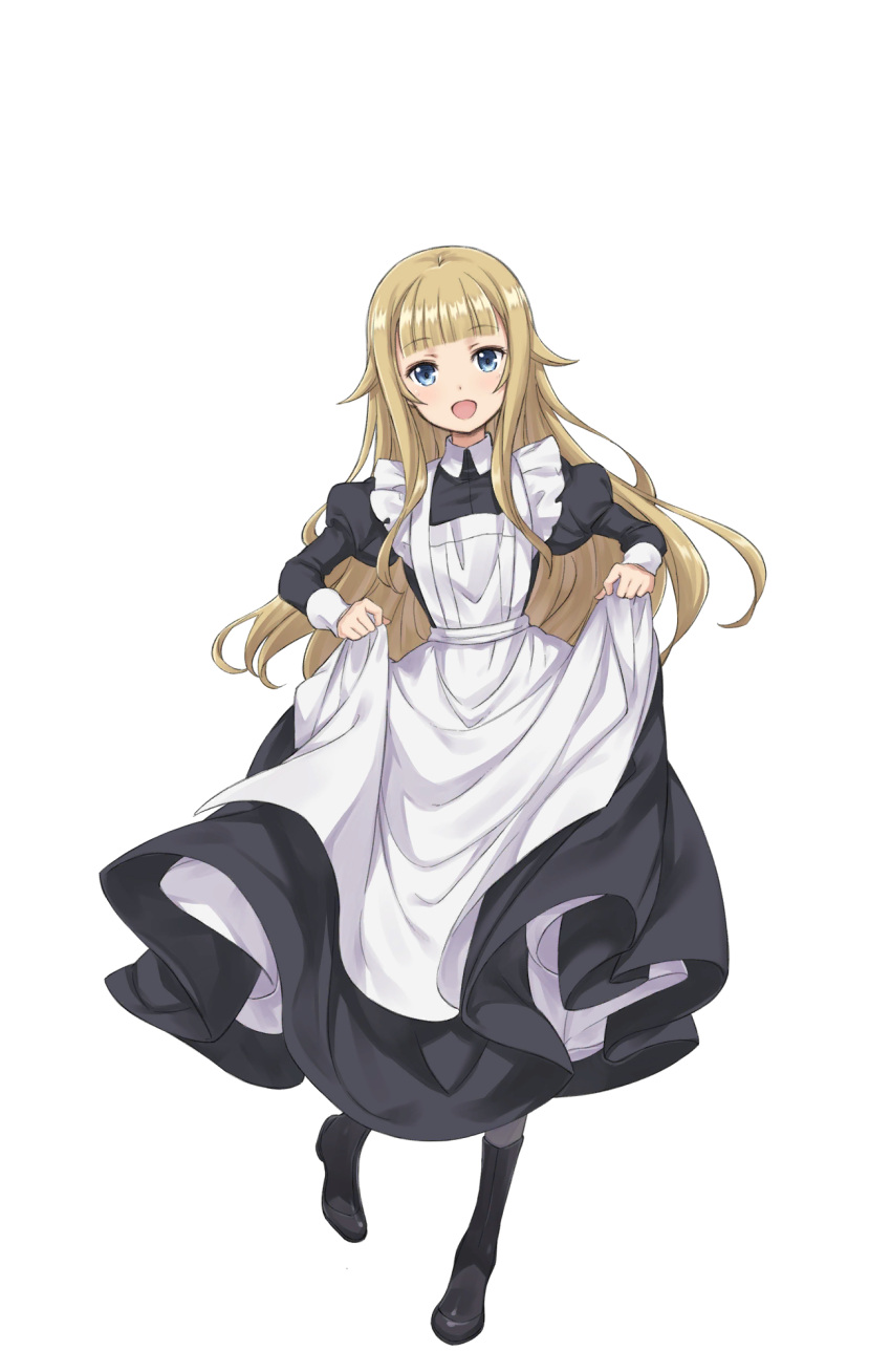 1girl :d apron black_shoes blonde_hair blue_eyes full_body highres long_hair looking_at_viewer maid_apron official_art open_mouth princess_(princess_principal) princess_principal princess_principal_game_of_mission puffy_sleeves shoes skirt_hold smile solo standing white_legwear