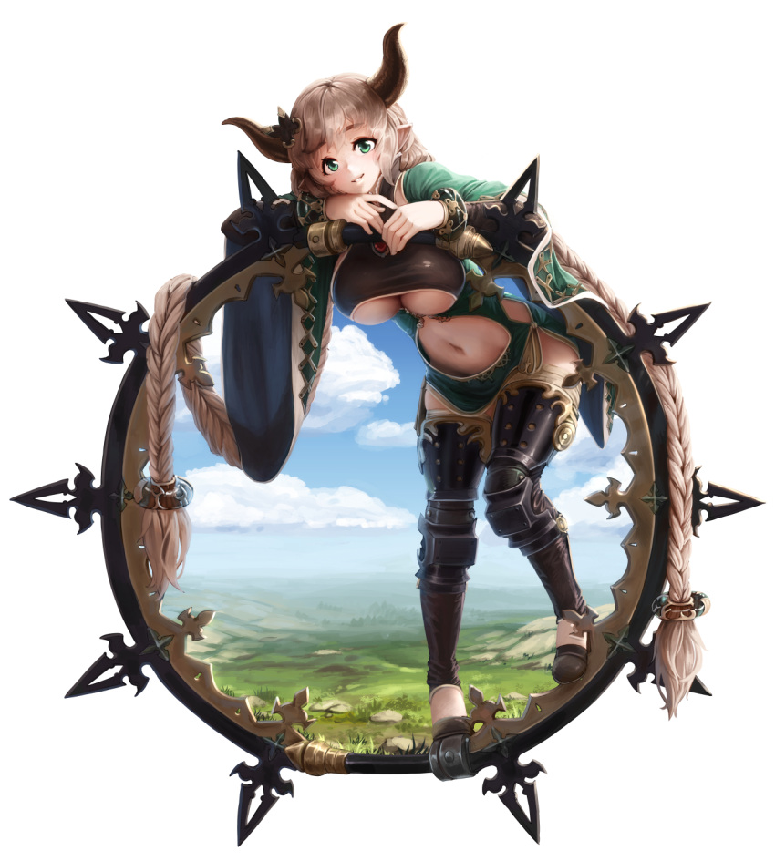 1girl barbariank bracelet braid breasts brown_hair carmelina_(granblue_fantasy) doraf dress granblue_fantasy greaves green_dress green_eyes hair_ornament highres horns huge_breasts jewelry long_hair looking_at_viewer navel navel_cutout no_panties parted_lips pointy_ears short_dress side_slit smile solo thigh-highs transparent_background twin_braids under_boob underboob_cutout very_long_hair wide_sleeves