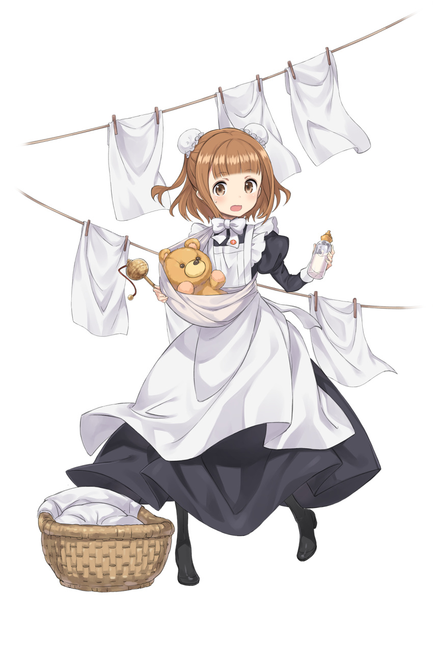 1girl baby_bottle beatrice_(princess_principal) bottle brown_eyes brown_hair bun_cover clothes_pin clothesline cradle double_bun full_body highres looking_at_viewer maid official_art open_mouth princess_principal princess_principal_game_of_mission solo standing stuffed_animal stuffed_toy teddy_bear toy