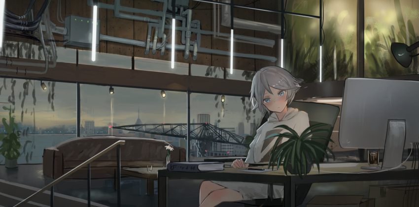 1girl blue_eyes blush book computer couch cup drinking_glass flower grey_hair highres looking_at_viewer original plant potted_plant reido_(reido_c) scenery sitting
