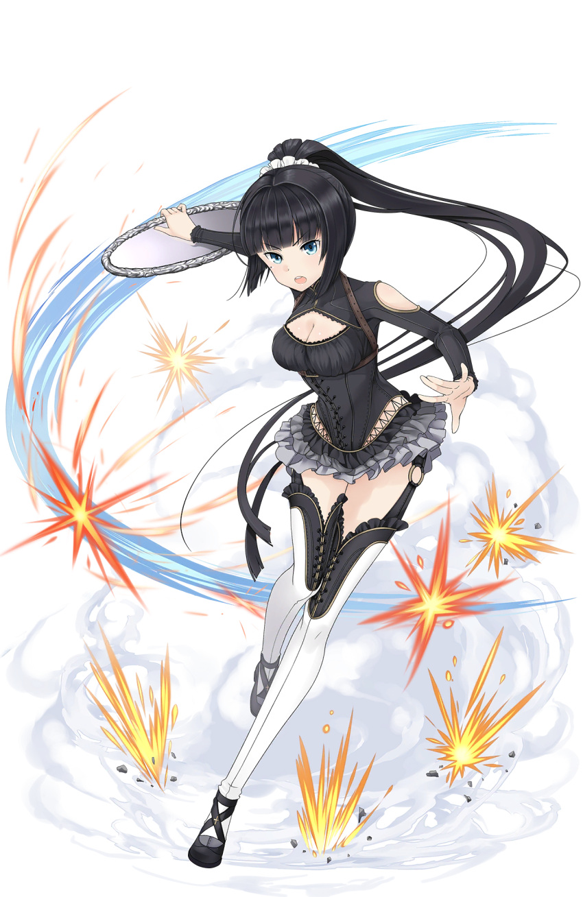 1girl black_hair blue_eyes breasts cleavage firing garter_straps highres long_hair medium_breasts motion_lines o-ring official_art open_mouth ponytail princess_principal smoke solo standing standing_on_one_leg tray white_legwear