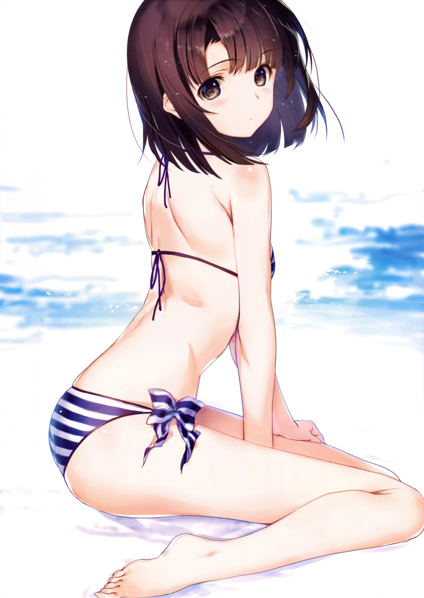 1girl absurdres ass bare_legs barefoot beach bikini breasts brown_eyes brown_hair eyebrows_visible_through_hair highres katou_megumi leaning_forward looking_at_viewer nakamura_takeshi outdoors saenai_heroine_no_sodatekata scan short_hair shoulder_blades side-tie_bikini sitting small_breasts solo striped striped_bikini swimsuit wariza