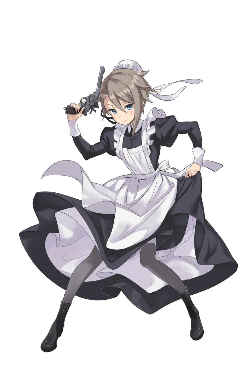 1girl ange_(princess_principal) black_boots black_legwear blue_eyes boots braid frown full_body gun handgun hat highres maid princess_principal princess_principal_game_of_mission silver_hair skirt_hold solo standing thigh-highs weapon white_hat