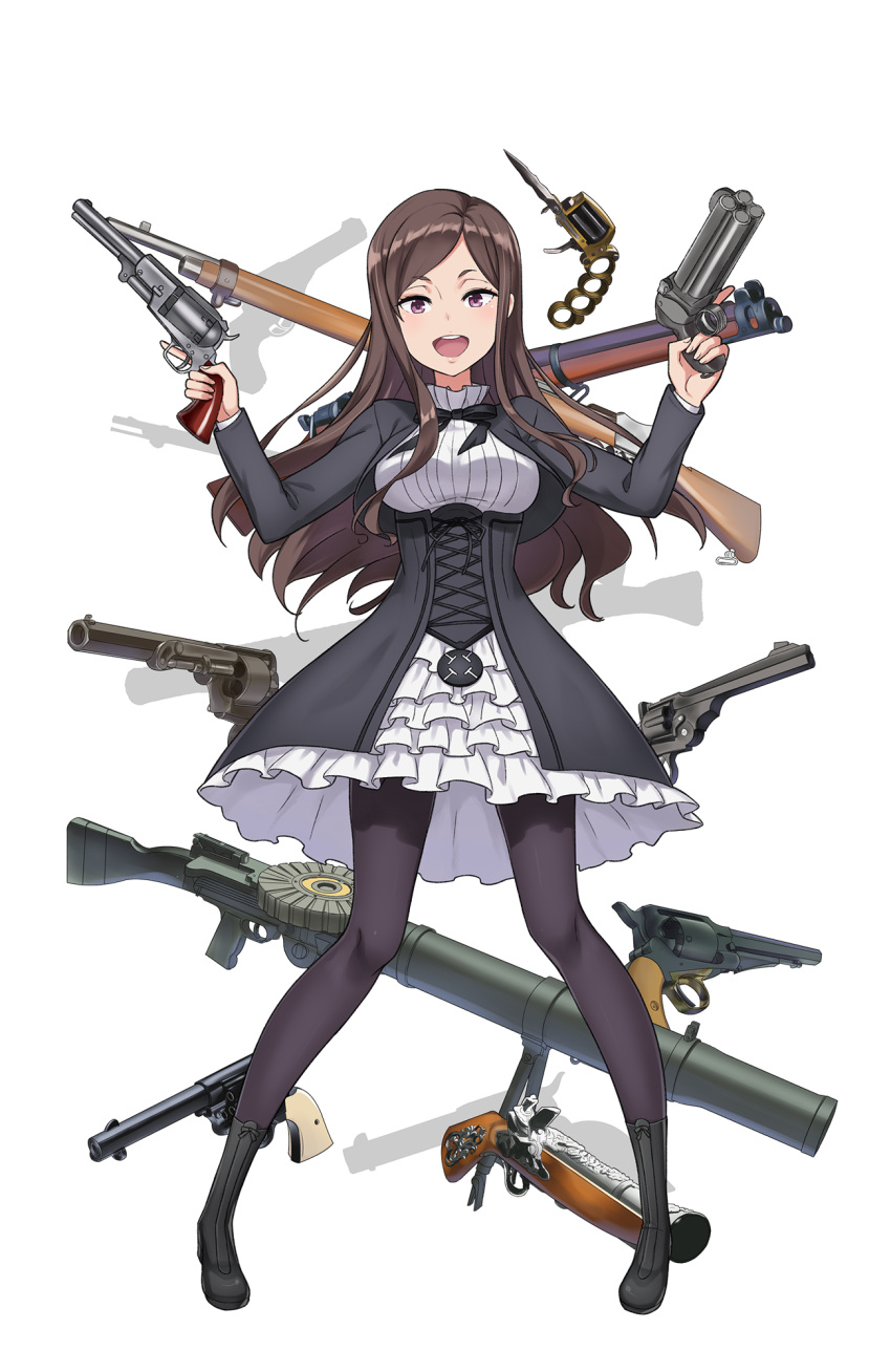 1girl :o black_boots black_legwear boots brass_knuckles brown_hair dorothy_(princess_principal) dual_wielding frilled_skirt frills full_body gun gun_request highres long_hair looking_at_viewer official_art pantyhose princess_principal princess_principal_game_of_mission school_uniform skirt solo standing violet_eyes weapon white_skirt