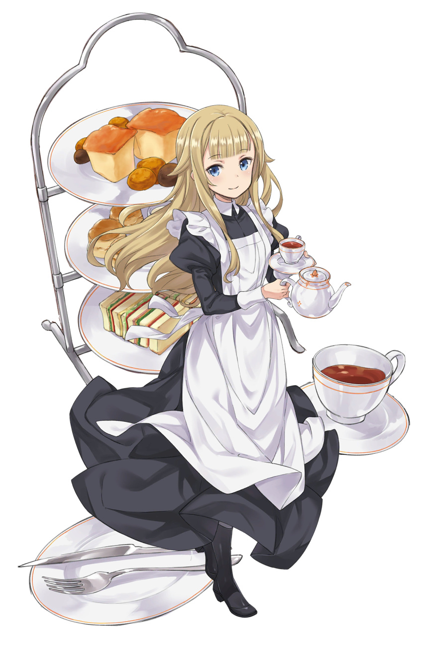 1girl apron black_shoes blonde_hair blue_eyes cup dessert food fork full_body highres knife long_hair looking_at_viewer maid_apron official_art princess_(princess_principal) princess_principal princess_principal_game_of_mission saucer shoes smile solo standing tea teacup teapot tiered_tray
