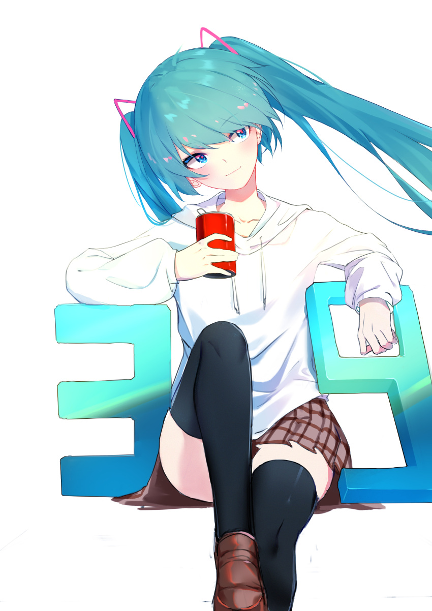 1girl absurdres black_legwear blue_eyes blue_hair blush closed_mouth collarbone hatsune_miku highres long_hair looking_away qingli_green sitting smile thigh-highs twintails vocaloid