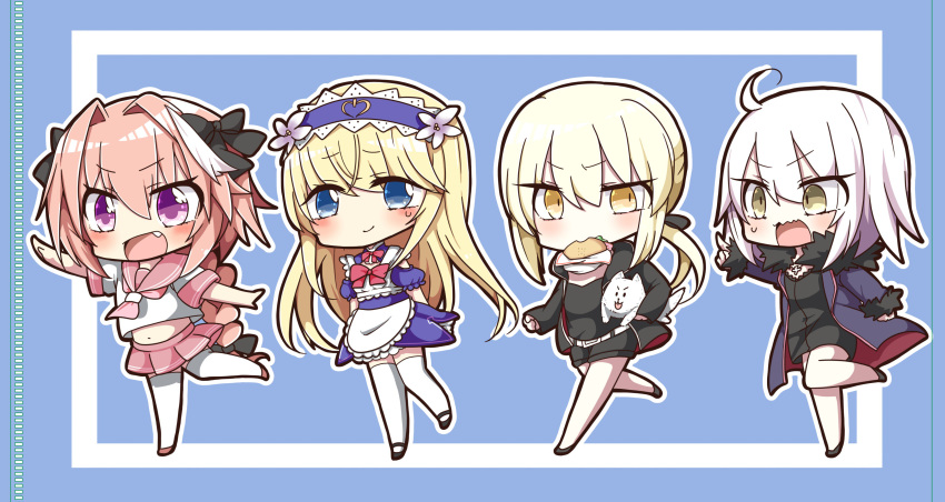 1boy 2girls absurdres ahoge androgynous artoria_pendragon_(all) black_bow blonde_hair blue_eyes blush bow braid fang fate/apocrypha fate/grand_order fate/stay_night fate_(series) food french_braid fur_trim hair_ribbon hamburger highres jako_(jakoo21) jeanne_alter le_chevalier_d'eon_(fate/grand_order) long_hair male_focus multicolored_hair multiple_girls open_mouth pink_hair red_sailor_collar red_skirt ribbon rider_of_black ruler_(fate/apocrypha) saber saber_alter school_uniform serafuku single_braid skirt smile streaked_hair trap violet_eyes yellow_eyes