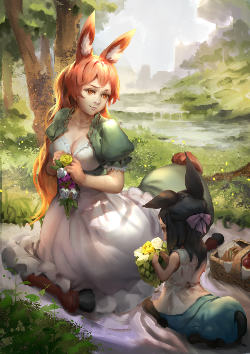 2girls absurdres age_difference animal_ears apron basket black_hair blanket blouse bow breasts brown_eyes brown_hair centaur centaur_no_nayami character_request cleavage dress flower forest grass green_dress hair_bow half_updo highres hooves kimihara_himeno light_smile long_hair looking_at_another looking_to_the_side medium_breasts multiple_girls nature on_ground orange_eyes outdoors picnic picnic_basket puffy_short_sleeves puffy_sleeves purple_bow short_sleeves sitting stream tree very_long_hair white_blouse wreath zuzu_sensei