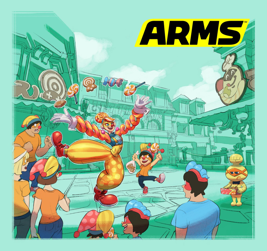 3girls 6+boys aqua_background arms_(game) candy clown clown_nose cobushii_(arms) commentary_request crowd food gloves highres ishikawa_masaaki juggling logo lola_pop mask multicolored_hair multiple_boys multiple_girls nintendo no_pupils official_art orange_hair road shirt standing standing_on_one_leg street t-shirt two-tone_hair white_gloves wrapped_candy