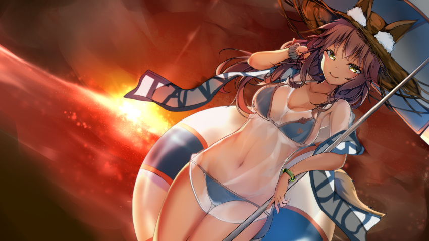 1girl absurdres animal_ears bikini blue_bikini breasts cleavage collarbone cucchiore ears_through_headwear fate/grand_order fate_(series) fox_ears fox_tail groin hand_in_hair hat highres innertube large_breasts long_hair looking_at_viewer navel ocean outdoors pink_hair see-through solo swimsuit tail tamamo_(fate)_(all) tamamo_no_mae_(swimsuit_lancer)_(fate) twilight wet wet_clothes yellow_eyes