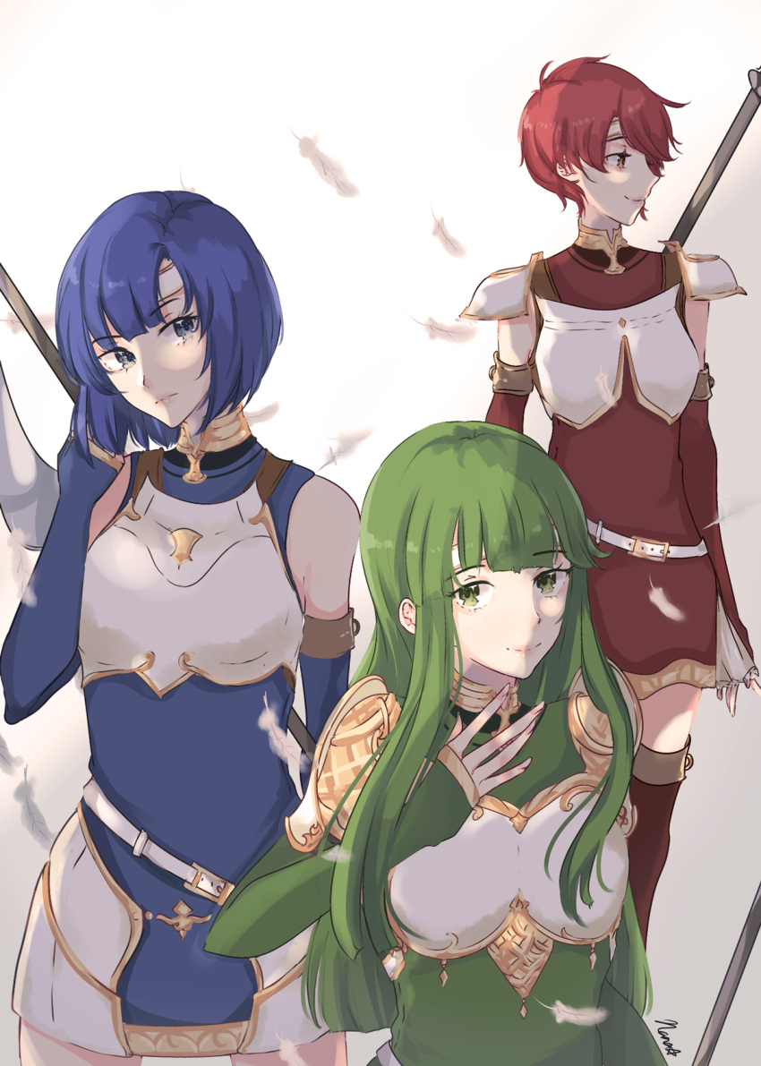 3girls armor blue_hair breastplate est fire_emblem fire_emblem:_ankoku_ryuu_to_hikari_no_tsurugi fire_emblem:_mystery_of_the_emblem fire_emblem:_shin_ankoku_ryuu_to_hikari_no_tsurugi fire_emblem:_shin_monshou_no_nazo fire_emblem_echoes:_mou_hitori_no_eiyuuou fire_emblem_gaiden green_hair highres holding holding_weapon katua looking_at_viewer multiple_girls paola pauldrons pink_hair polearm siblings smile spear weapon