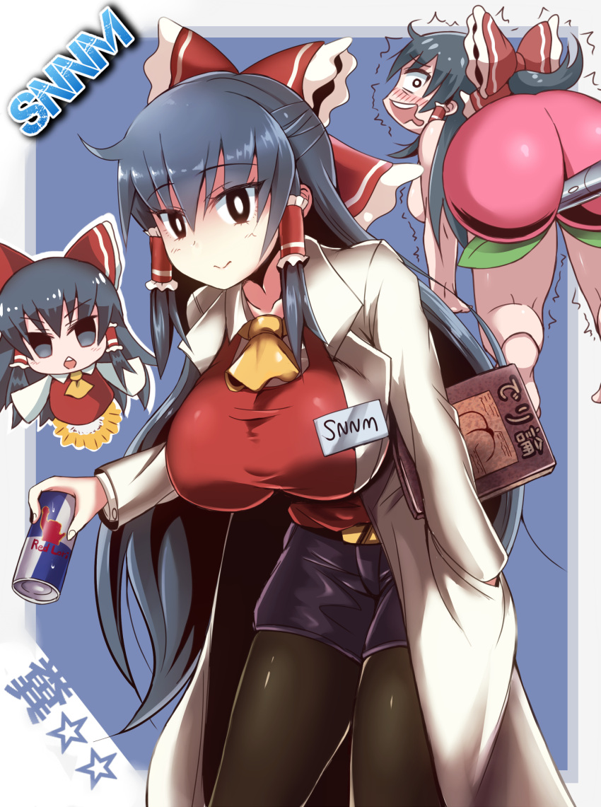 3girls absurdly_long_hair all_fours ass bending_forward bent_over black_eyes black_hair black_legwear blush book bow breasts character_name character_request closed_mouth cookie_(touhou) enperuto_(yarumi) eyebrows_visible_through_hair hair_bow hair_tubes hakurei_reimu highres holding holding_book labcoat large_breasts leaning_forward long_hair looking_at_viewer multiple_girls name_tag open_mouth pantyhose red_bow red_bull smile standing touhou very_long_hair