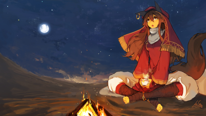 1girl :o animal_ears bangs brown_hair campfire cup desert dress earrings fantasy fire full_moon hair_between_eyes holding holding_cup jewelry lansane long_hair long_sleeves looking_up moon night night_sky original pants parted_lips puffy_pants red_dress red_eyes signature sky solo star_(sky) starry_sky tail toeless_legwear tsana_(lansane) turban white_pants